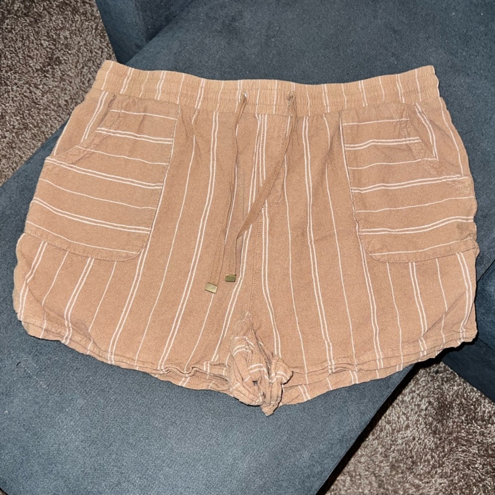 Khaki and White Striped Linen Shorts